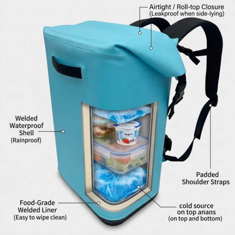 how to pack a commuter cooler backpack with two cold sources above and below sealed food containers