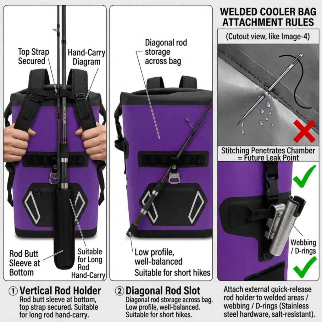 vertical rod sleeve versus diagonal rod channel carry, and welded attachment zones on a sealed cooler backpack