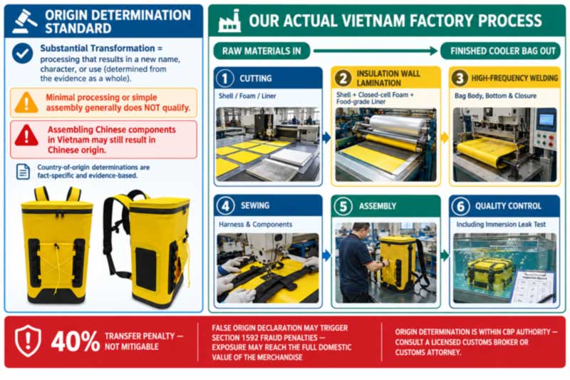 substantial transformation test and the manufacturing operations performed at a Vietnam cooler bag factory
